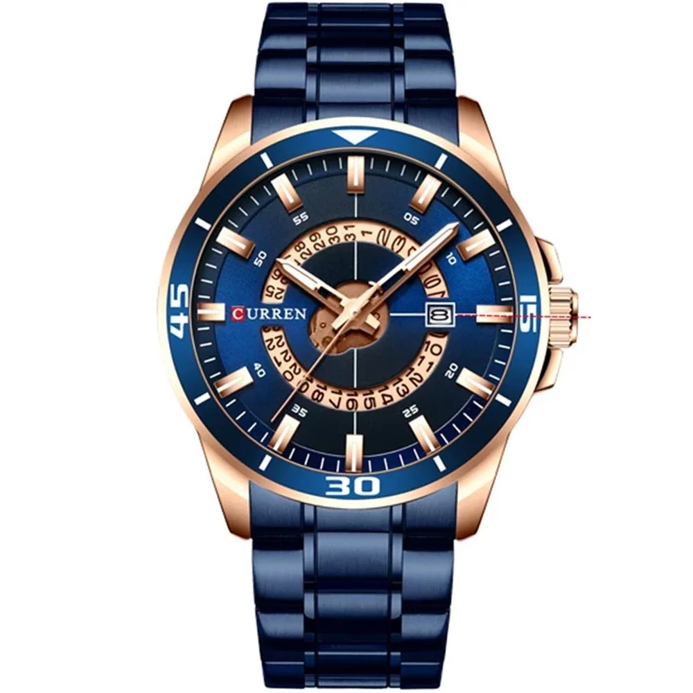 Curren 8359 Date Display Gent’s Wrist Watch In Blue Steel Chain