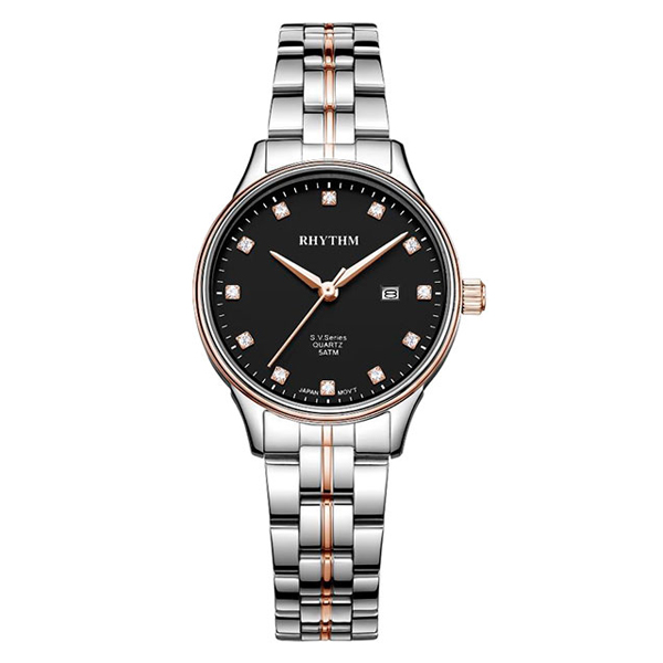 Rhythm GS1607S10 Ladies Black Analog Stone Dial Dress Watch