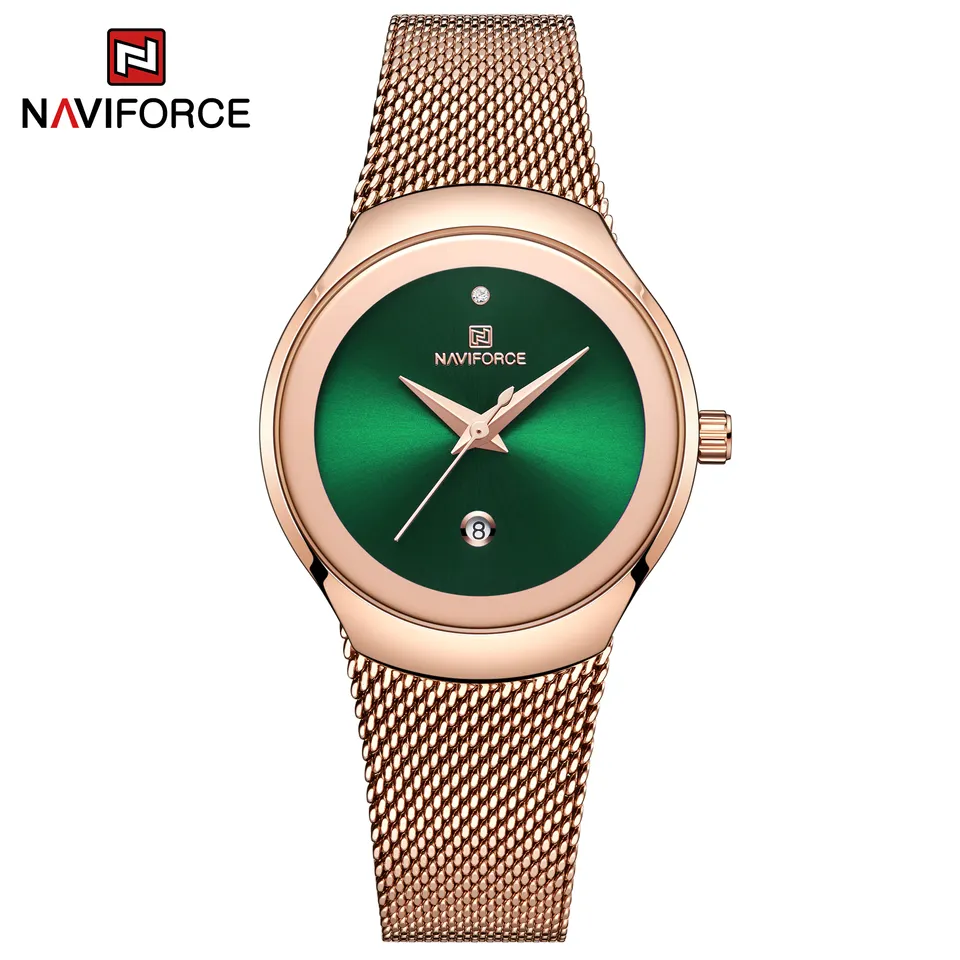 NaviForce 5004 Rose Gold Band Green Dial Ladies Watch