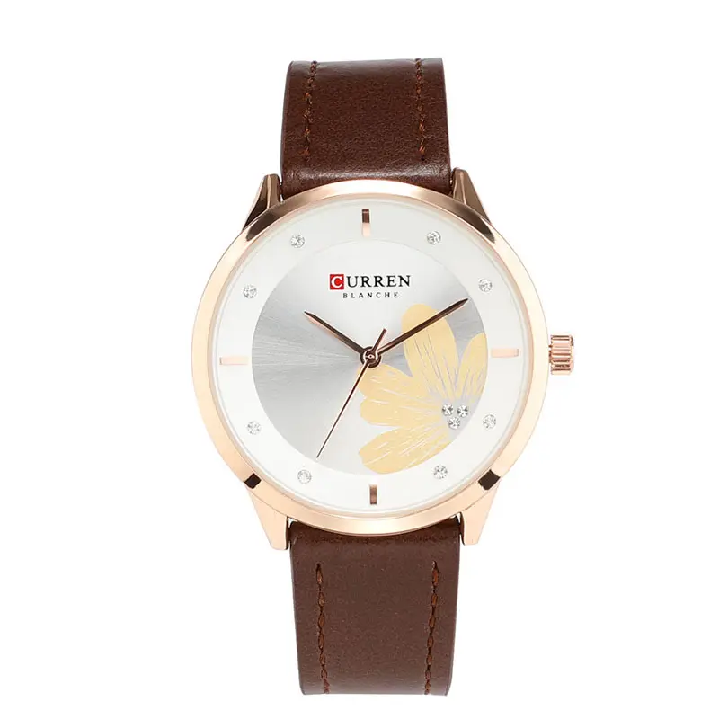 CURREN 9048 High Quality Quartz Floral Pattern Dial Leather Strap Fashion Ladies Wrist Watch