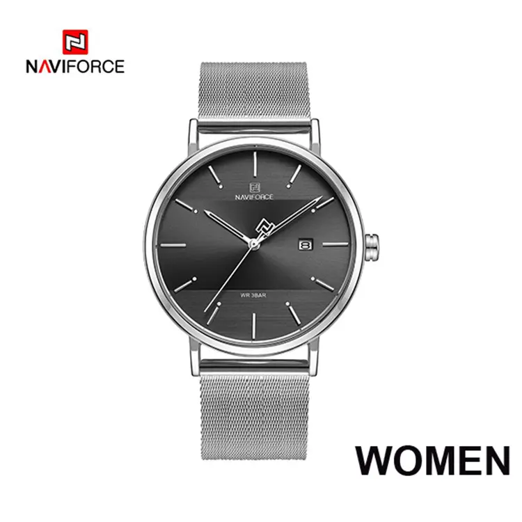 NaviForce 3008L Silver Mesh Black Dial Ladies Analog Date Dial Wrist Watch