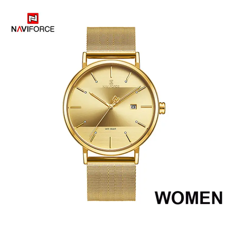 NaviForce 3008L Golden Mesh Ladies Analog Date Dial Wrist Watch