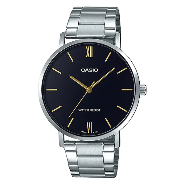 Casio MTP-VT01D-1B Silver Chain Black Dial Men's Dress Watch