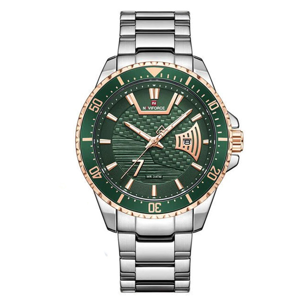 NaviForce 9191 Silver Steel Band Green Dial Gift Watch For Men's