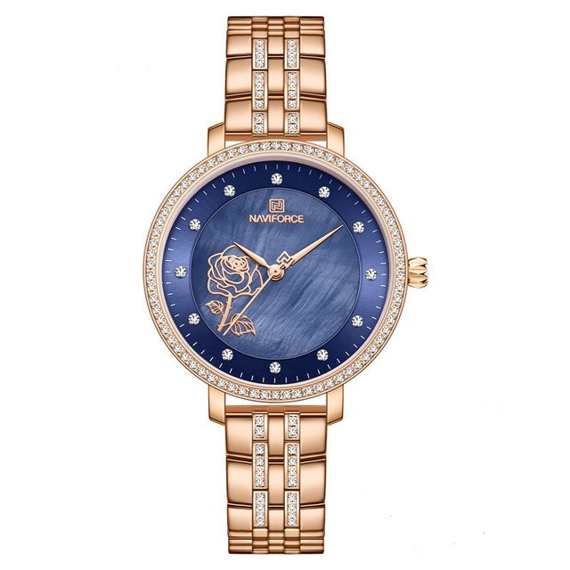 NaviForce 5017 Flower Printed Blue Dial Rose Gold Dress Wrist Watch