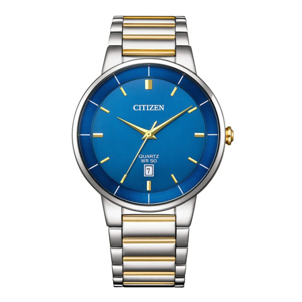 Citizen Quartz Blue Dial Men's Watch BI5124-50L - Demi Gold Stainless Steel, 50M Water Resistance